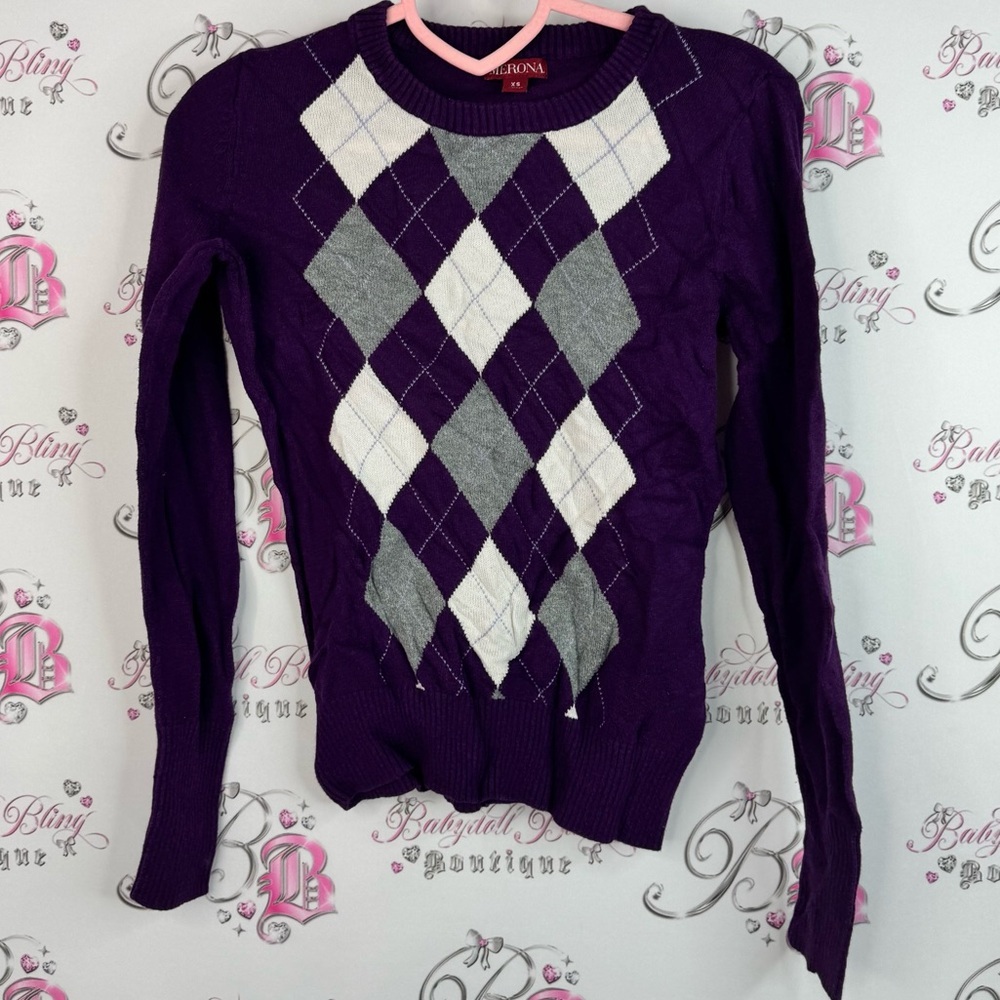 Merona long sleeve diamond pattern preppy top Purple Argyle Crew Neck Sweater
